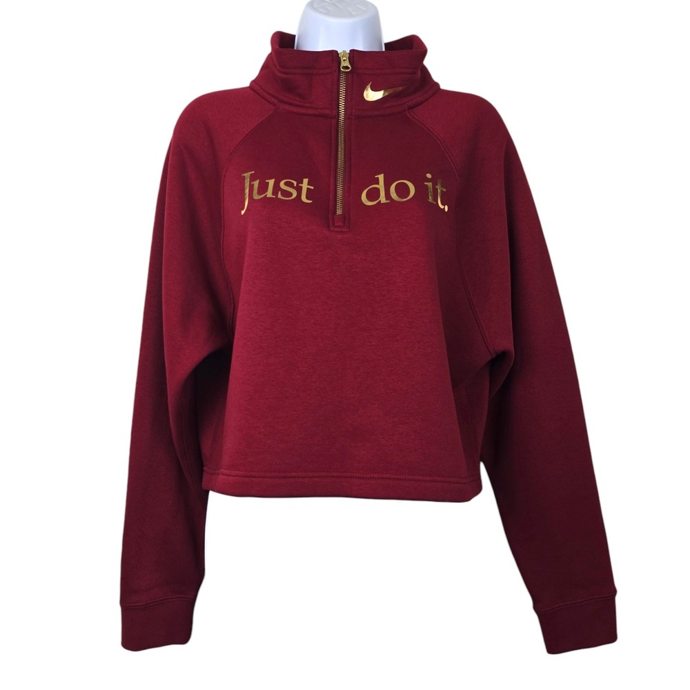 Nike Womens Burgundy Gold Just Do It Quarter Zip Fleece Sweatshirt Size S